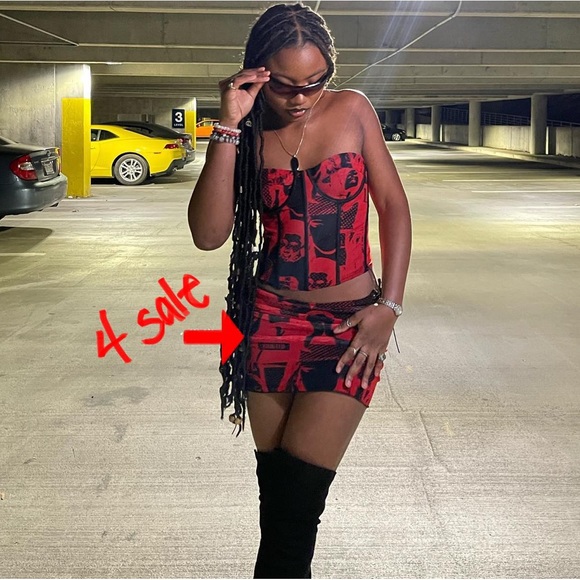 EDIKTED RED AND BLACK MESH POLKA DOT Y2K GRUNGE GRAPHIC LACE UP MINI SKIRT - Picture 2 of 11